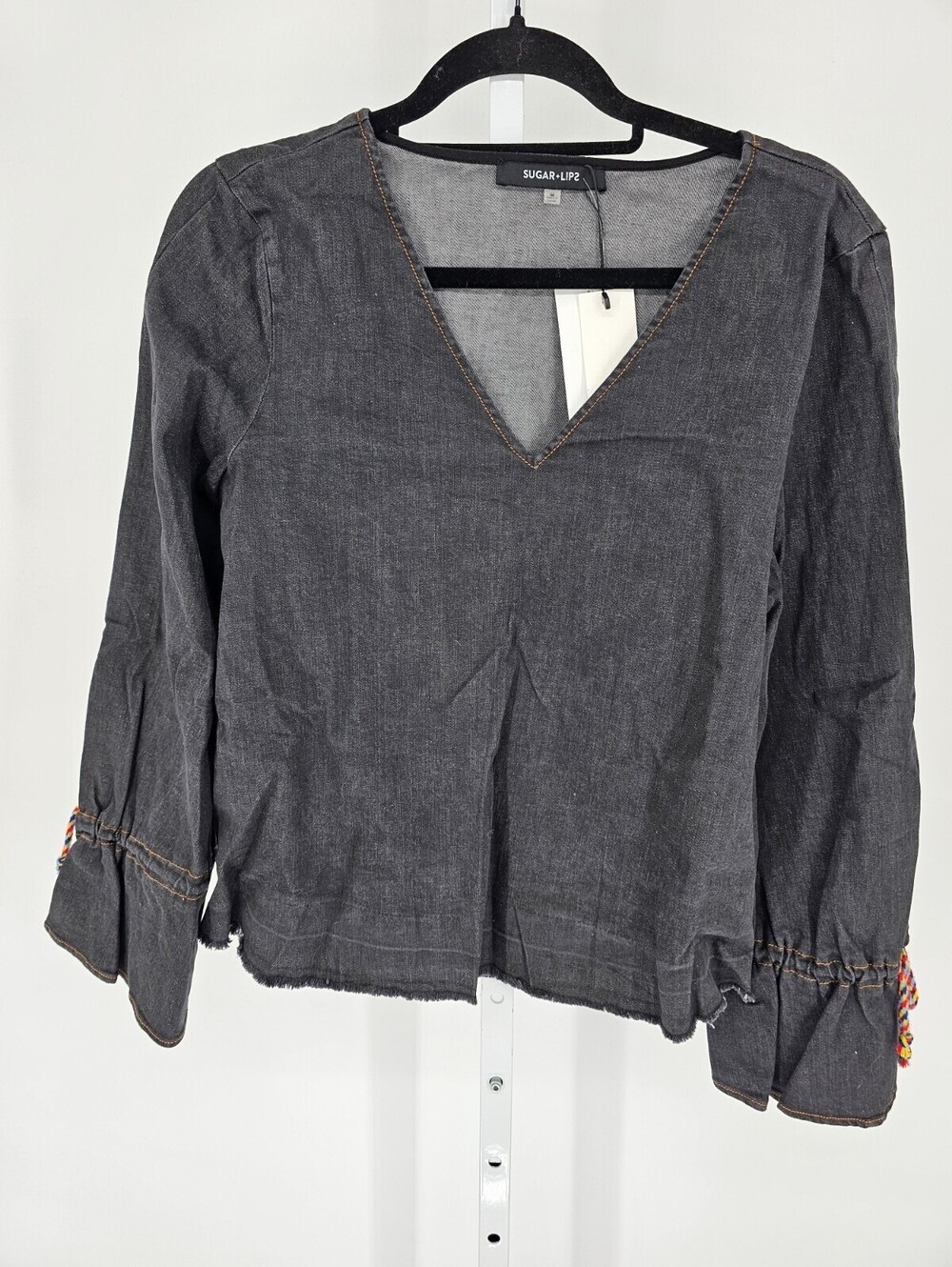 Sugar Lips Womens Sz M Long Sleeve V Neck Thick Knit Denim Shirt Black NEW